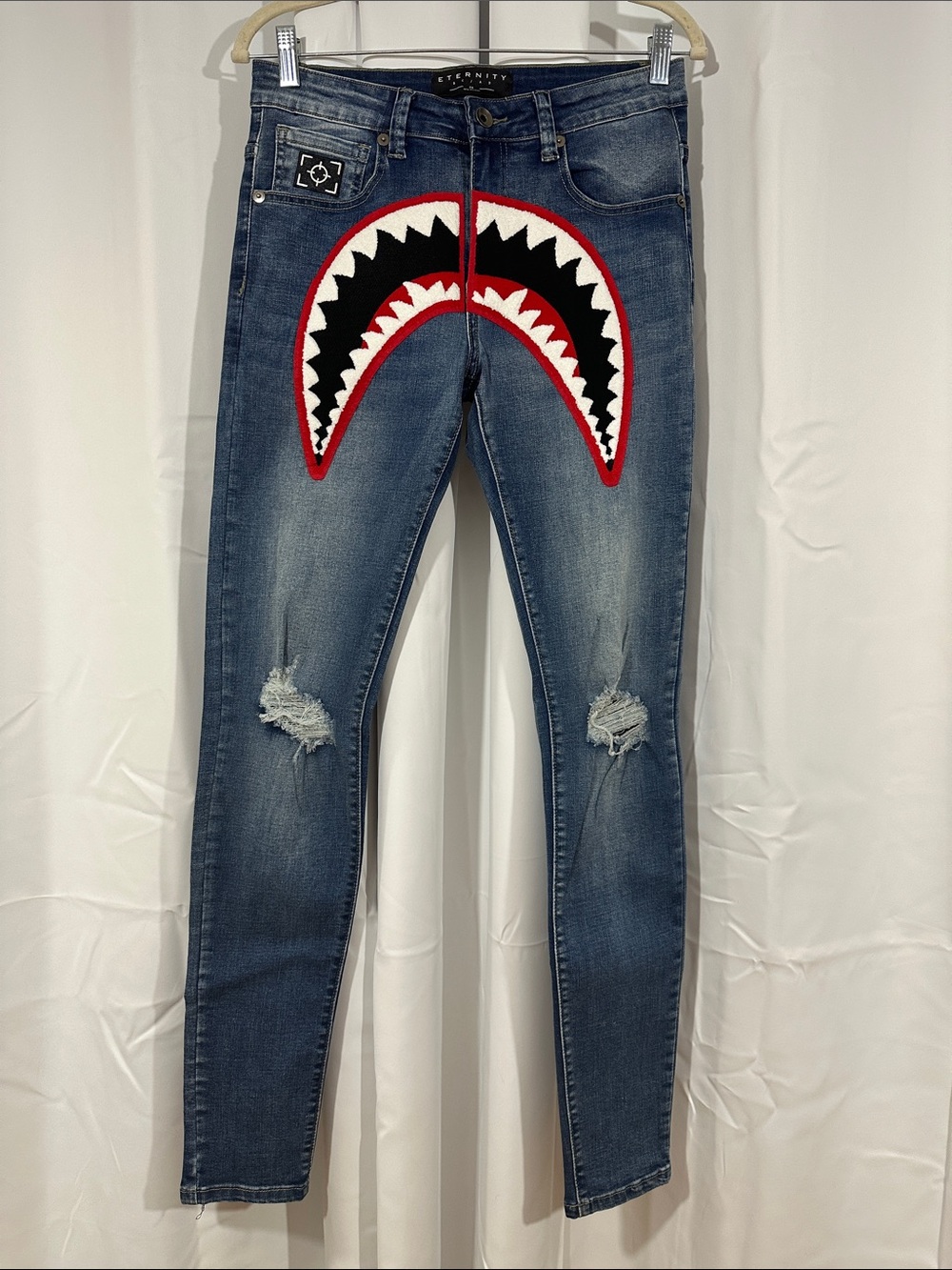 Eternity BC/AD Shark Mouth Distressed Skinny Jeans Size 28 Squad Graphic Denim